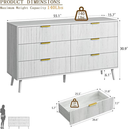 CARPETNAL Fluted 6 Drawer Dresser for Bedroom, 55" Wide Wooden Chest of Drawers with Rounded Corners, Gold Handles, Modern Storage Organizer for Bedroom, Hallway(White)