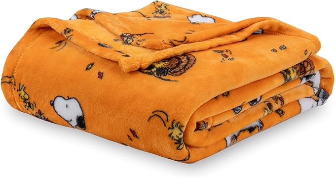 Berkshire Blanket Peanuts® VelvetLoft® Cute Character Snoopy Plush Throw Blanket,Snoopy and Woodstock Fall Birds & Leafs Orange,Throw 55 in x 70 in (Official Peanuts® Product)