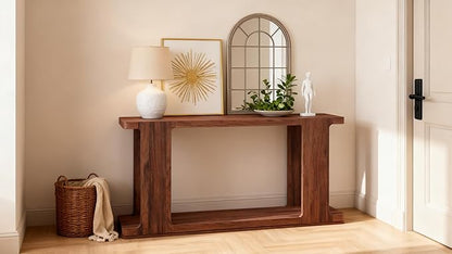 OKD 63 Inch Modern Entryway Console Table, 2-Tier Long Sofa Table Behind Couch with Curved Edge, Wood Farmhouse Narrow Entry Table for Hallway, Living Room, Foyer, Entrance, Rustic Walnut