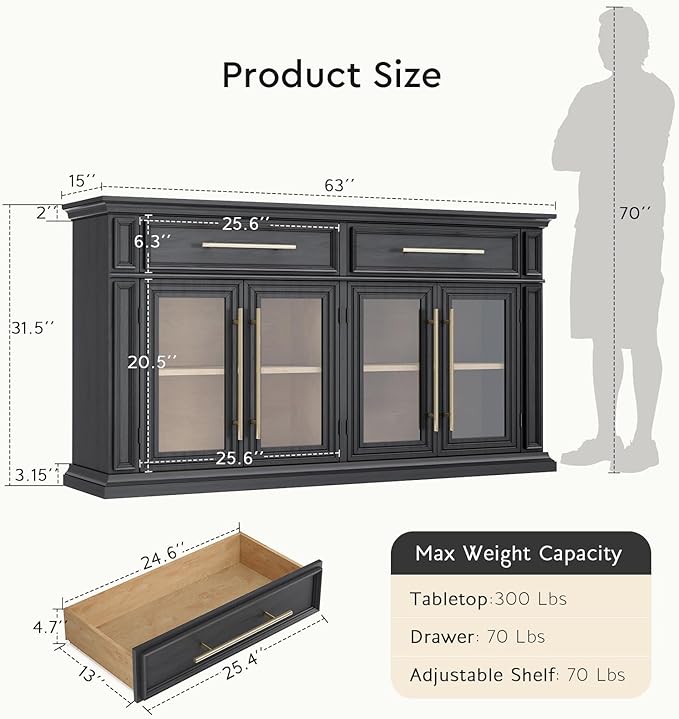 LGHM 63" Sideboard Buffet Cabinet with Drawers, Modern Kitchen Storage Cabinet with Adjustable Shelves and Magnetic Catch Doors, Wood Coffee Bar for Kitchen, Living Room, Black