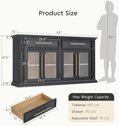 LGHM 63" Sideboard Buffet Cabinet with Drawers, Modern Kitchen Storage Cabinet with Adjustable Shelves and Magnetic Catch Doors, Wood Coffee Bar for Kitchen, Living Room, Black