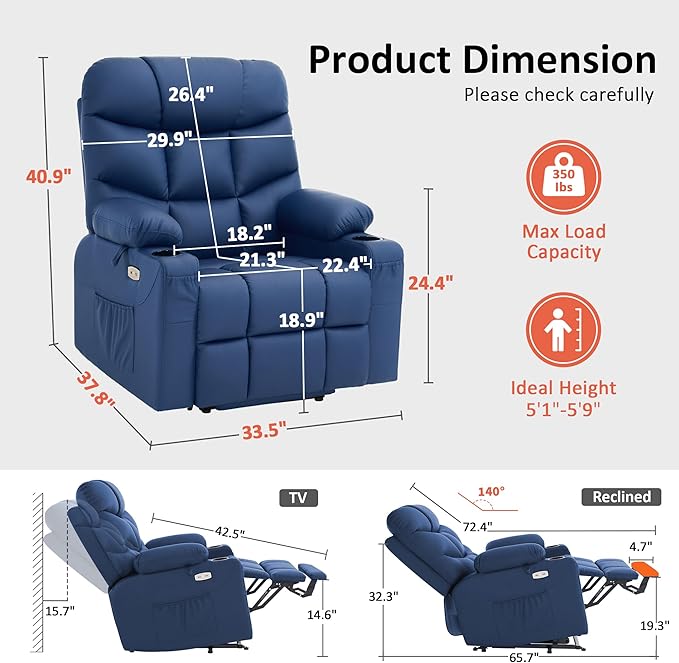 MCombo Power Lift Recliner Chair with Extended Footrest for Elderly People, Faux Leather 7287 (Navy Blue, Medium)