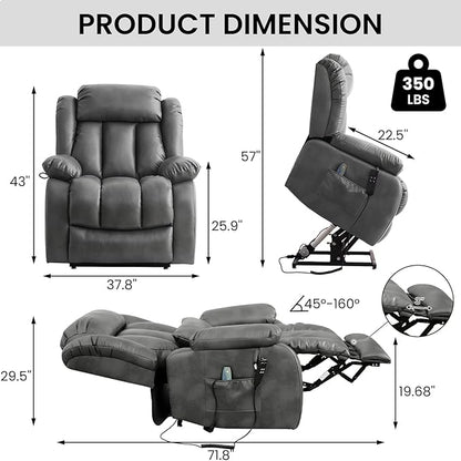 TEKAMON Power Lift Recliner Chair for Elderly with Heat & Massage, Dual Motor Genuine Leather Recliner, Lay Flat Sleeping Chairs with Infinite Position, RemoteControl(Silver Grey, Extended)