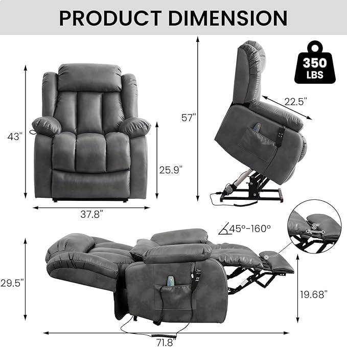 TEKAMON Power Lift Recliner Chair for Elderly with Heat & Massage, Dual Motor Breathable Leather Recliner, Lay Flat Sleeping Chairs with Infinite Position, RemoteControl(Silver Grey, Extended)