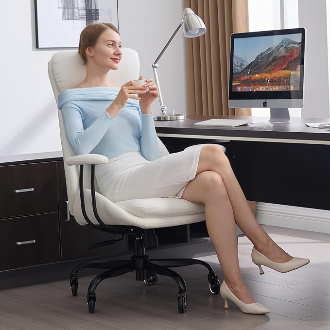 Home Office Desk Chair, PU Casters Ergonomic Computer Chair with Lumbar Support, Adjustable Height, 360°Rolling Swivel Chair, High Back Executive Task, Padded Armrests Chair, White Leather