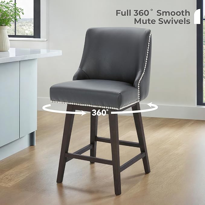 CHITA Counter Height Swivel Bar Stools, FSC Certified Upholstered Counter Stools, Modern Swivel Barstools with Wood Legs for Kitchen Island, 26" Seat Height, Faux Leather in Black