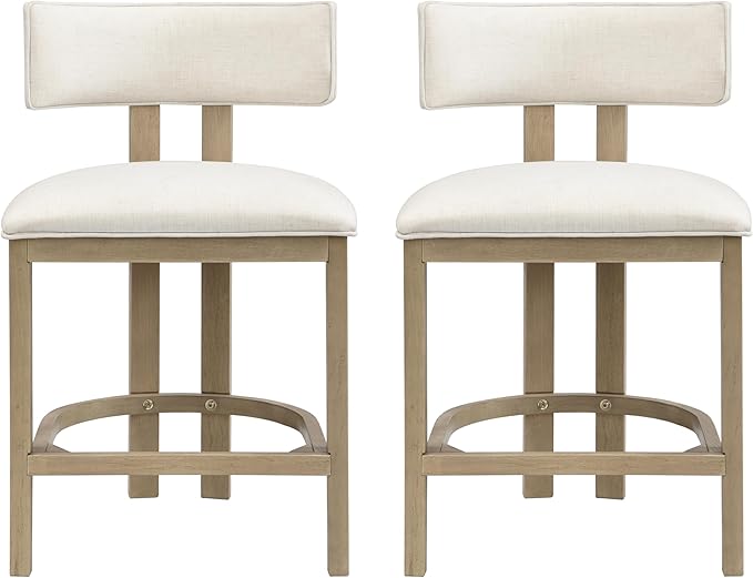Christopher Knight Home Minso Wooden Counter Height Bar Stools Set of 2, Comfy Upholstered Barstools with Backrest/Footrest, Counter Stool for Kitchen Island/Home Bar Table, Light Ash + Beige