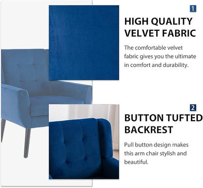 Dolonm Midcentury Modern Velvet Accent Chair with Arms, Upholstered Reading Side Chair Tufted Back Decorative Wingback Chair for Living Room Bedroom (Blue - Velvet)