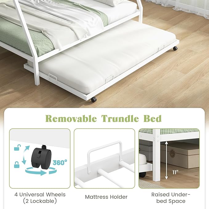 Giantex Twin Over Full Bunk Bed with Trundle, Heavy-Duty Metal Triple Bunk Beds w/Two Side Ladders & Safety Guard Rail, 3 in 1 Bunk Beds for Kids Teens, No Box Spring Needed,White