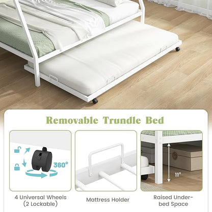 Giantex Twin Over Full Bunk Bed with Trundle, Heavy-Duty Metal Triple Bunk Beds w/Two Side Ladders & Safety Guard Rail, 3 in 1 Bunk Beds for Kids Teens, No Box Spring Needed,White