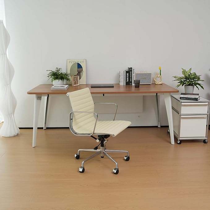 Ribbed Office Chair with Top Grain Leather - Mid Back Ergonomic Desk Chair with Aluminum Arms & Frame, Swivel Wheels & Tilt Function, Adjustable Height