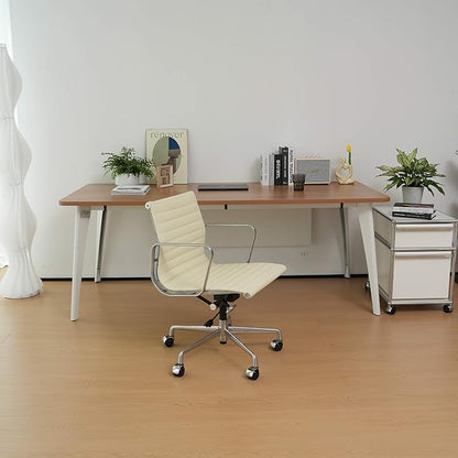 Ribbed Office Chair with Top Grain Leather - Mid Back Ergonomic Desk Chair with Aluminum Arms & Frame, Swivel Wheels & Tilt Function, Adjustable Height