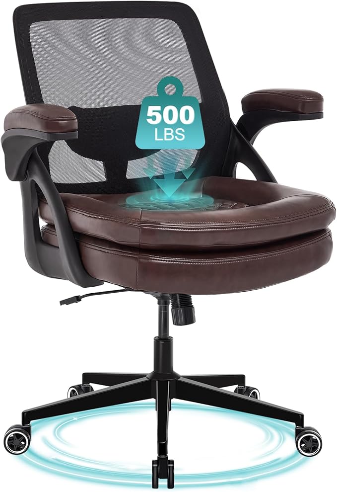 Big and Tall Office Chair, 500lbs Mesh Heavy Duty Ergonomic Desk Chair with Flip-up Armrests, Plus Size Wide Seat in PU Leather, 360 Swivel Computer Executive Task Chair for Home Office (Brown)
