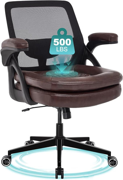 Big and Tall Office Chair, 500lbs Mesh Heavy Duty Ergonomic Desk Chair with Flip-up Armrests, Plus Size Wide Seat in PU Leather, 360 Swivel Computer Executive Task Chair for Home Office (Brown)