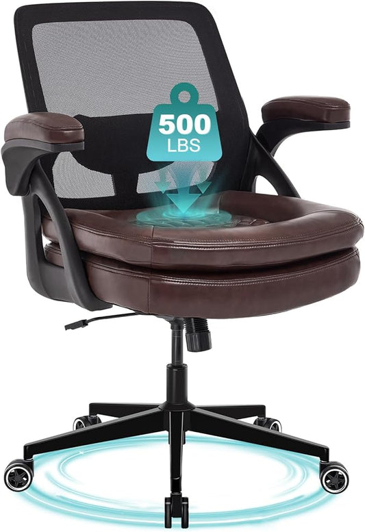 Big and Tall Office Chair, 500lbs Mesh Heavy Duty Ergonomic Desk Chair with Flip-up Armrests, Plus Size Wide Seat in PU Leather, 360 Swivel Computer Executive Task Chair for Home Office (Brown)