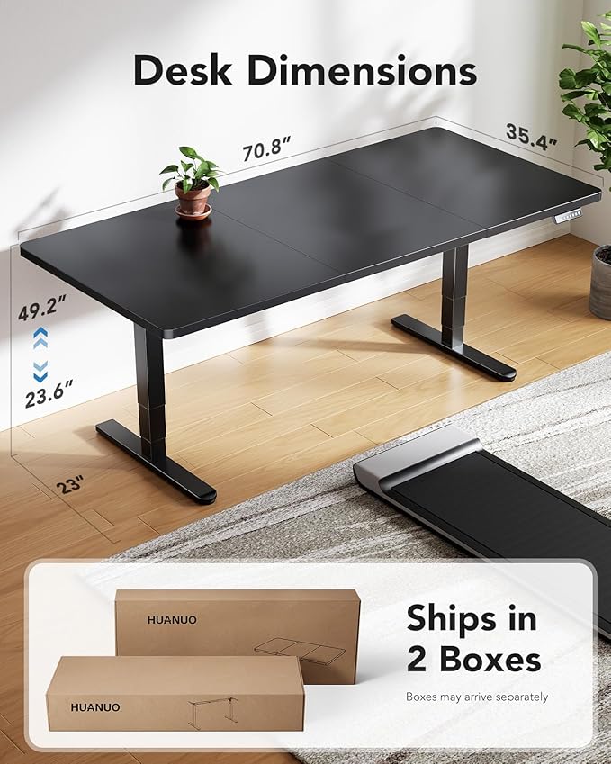 HUANUO 71x35 Inch 3-Stage Legs Electric Standing Desk, Large Height Adjustable Office Desk with Brushless Motor, Stand Up Desk with 4 Memory Presets & 2 Hooks, Computer Desk for Home Office, Black