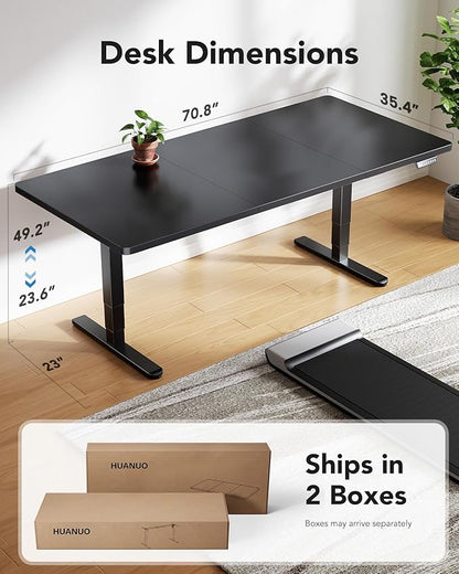 HUANUO 71x35 Inch 3-Stage Legs Electric Standing Desk, Large Height Adjustable Office Desk with Brushless Motor, Stand Up Desk with 4 Memory Presets & 2 Hooks, Computer Desk for Home Office, Black