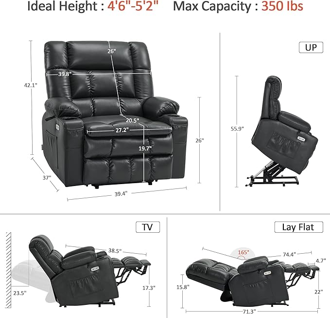 MCombo Dual Motor Power Lift Recliner Chair for Elderly, Lay Flat Lift Chair with Heat and Massage, Petite Wide Lift Chair, Cup Holders, USB A&C Ports, Faux Leather R7894 (Black, Small-Wide)