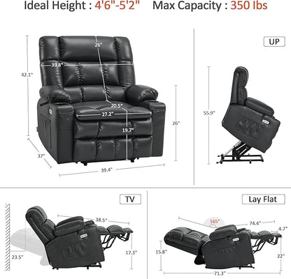 MCombo Dual Motor Power Lift Recliner Chair for Elderly, Lay Flat Lift Chair with Heat and Massage, Petite Wide Lift Chair, Cup Holders, USB A&C Ports, Faux Leather R7894 (Black, Small-Wide)