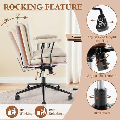 Home Office Desk Chair with Armrests & Wheels, Modern Walnut Swivel Rolling Executive Task Chair, PU Leather Vanity Chair with Lumbar Support, Height Adjustable Ergonomic Computer Chair (Beige)