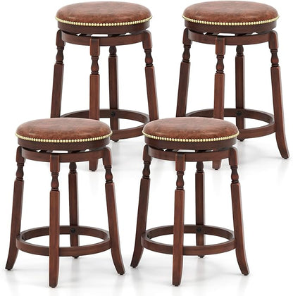 COSTWAY Round Swivel Wooden Bar Stools Set of 4, 24-inch Upholstered Backless PU Leather Farmhouse Counter Chairs with Footrest, Decorative Rivets for Kitchen Island, Dining Room, Walnut