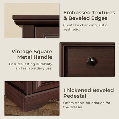 Farmhouse 6 Drawer Dresser, 48" Tall Dresser Chest of Drawers with Natural Texture & Metal Handles, Storage Dressers Organizer for Bedroom, Living Room, Hallway, Vintage Design (Cherry)