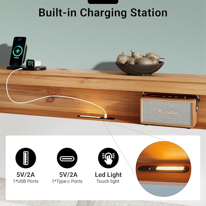 Queen Bed Frame, Wood Platform Bed Frame with Storage Headboard, Charging Station, Modern Bedframe Queen Size, 800lbs Capacity, Metal Slat Support, Noise-Free, No Box Spring Needed, White