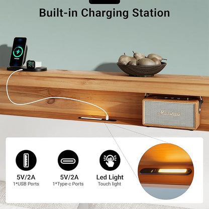 Full Bed Frame, Wood Platform Bed Frame with Storage Headboard, Charging Station, Modern Bedframe Full Size, 800lbs Capacity, Metal Slat Support, Noise-Free, No Box Spring Needed-White