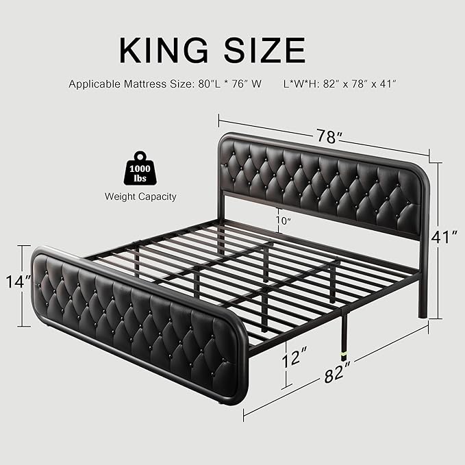 King Size Bed Frame, Upholstered Bed with Button Tufted Leather Headboard and Footboard, Metal U-Shape Support Foundation, No Box Spring Required, Black