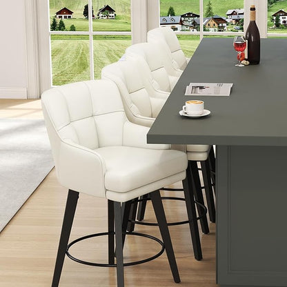 360°Swivel Counter Height Bar Stools with Back, 30 inch Solid Wood Legs, Bar Stool Modern Kitchen Island Chairs, Faux Leather (Beige- Faux Leather, 30" H- Set of 2)