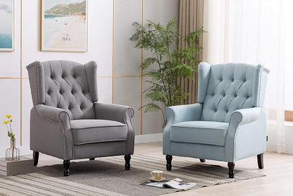 Artechworks Winged Fabric Modern Accent Chair Tufted Arm Club Chair Linen Single Sofa with Wooden Legs Comfy Upholstered for Reading Living Room Bedroom Office,Light Blue