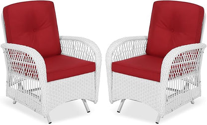 VIVIJASON 2-Piece Outdoor White Wicker Glider Rocking Chair, Patio Rattan Swing Glider Chairs with Cushions & Steel Frame, All-Weather Gliding Lawn Wicker Furniture for Garden Backyard, Red