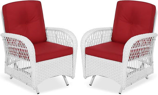VIVIJASON 2-Piece Outdoor White Wicker Glider Rocking Chair, Patio Rattan Swing Glider Chairs with Cushions & Steel Frame, All-Weather Gliding Lawn Wicker Furniture for Garden Backyard, Red