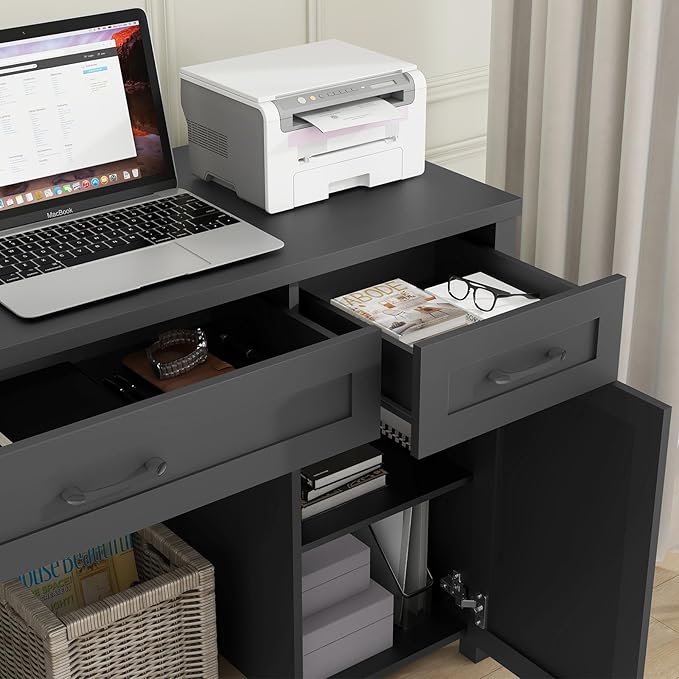 Vabches Farmhouse 47" Executive Desk, Computer Desk with Drawers and Storage Cabinet, Workstation for Home Office and Study.(Pure Black)
