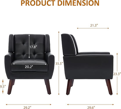 Faux Leather Accent Chair, Mid-Century Modern Upholstered Armchair, Comfy Living Room Chairs Reading Chairs with Button Tufted Back & Solid Wood Legs for Bedroom, Office, Black