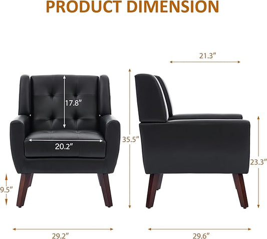 Faux Leather Accent Chairs Set of 2, Mid-Century Modern Upholstered Armchair, Comfy Living Room Chairs Reading Chairs with Button Tufted Back & Solid Wood Legs for Bedroom, Office, Black
