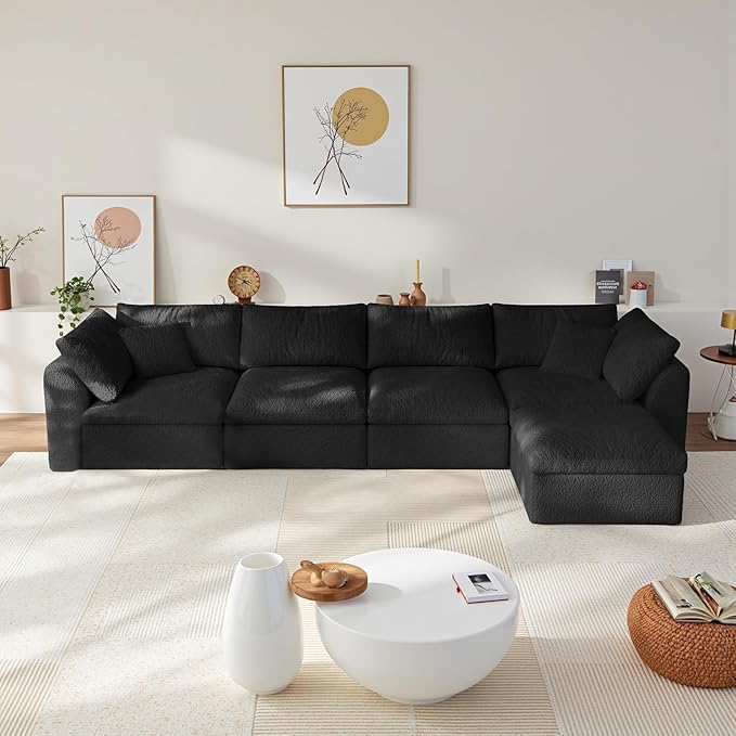138" Boneless Cloud Couch Modular Sectional Sofa with Deep Seat for Living Room, L Shape Couch with Ottoman, Snowflake Cloth and 40D Memory Sponge，2 Throw Pillows (Black, 4 Seater+1 Ottoman)