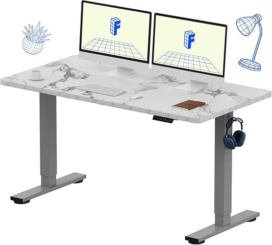 FLEXISPOT EN1 One-Piece Standing Desk 55 x 28 Inches Height Adjustable Electric Desk (Silver Frame + Marble Grey Top, 2 Packages)