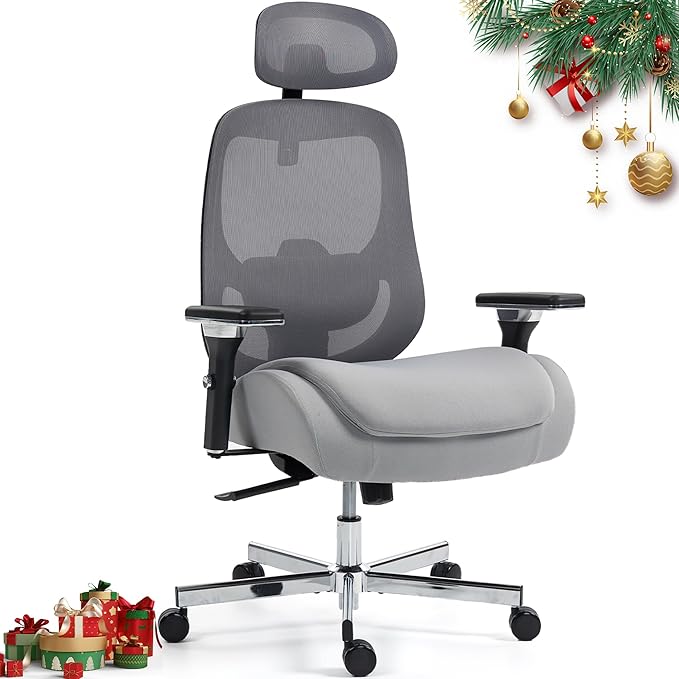 Big and Tall Executive Office Chair, Ergonomic Comfy Mesh Desk Chair with 4D Arms & Extra Wide Seat, Adjustable Headrest & Lumbar Support, 750LBS Capacity, Grey