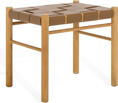 SAFAVIEH Couture Collection Devnie Brown Woven Leather & Natural Solid Wood Ottoman (Fully Assembled)