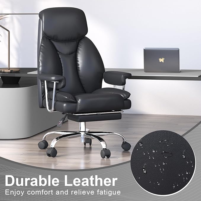 Big and Tall Office Chair, Executive Home Office Desk Chair, Comfy Leather High-Back Reclining Computer Chair with Retractable Footrest and Padded Arms, 360°Swivel Rolling Wheels, Wide Seat, Black