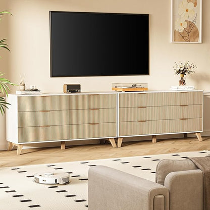 6 Drawer Dresser, 53.43 Inch Fluted Wood Double Dresser with Metal Handles Curved Design Wide Storage Organizer Cabinet Mid Century Modern Chest Dressers for Bedroom Living Room Entryway