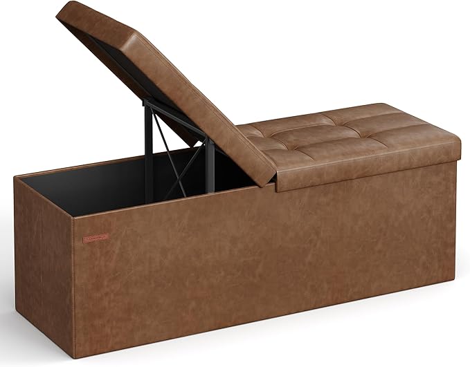 SONGMICS MAZIE Collection - 43 Inches Storage Ottoman Bench with Flipping Lid, Storage Chest with Iron Frame Support, Load 660 lb, for Living Room, Bedroom, Synthetic Leather, Coffee Brown ULSF075K01