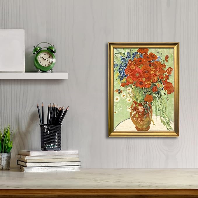 Wieco Art Framed Wall Art Canvas Prints of Red Poppies and Daisies Canvas Wall Art of Van Gogh Paintings Reproduction Abstract Artwork for Wall Decor Bronze Gold Frame