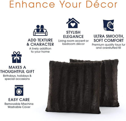 Cheer Collection Faux Fur Throw Pillows - Decorative Pillows for Couch, Bed Throw Pillows, Chocolate Accent Pillows for Bedroom or Living Room Aesthetic, Set of 2 Furry Throw Pillows, 18”x18”