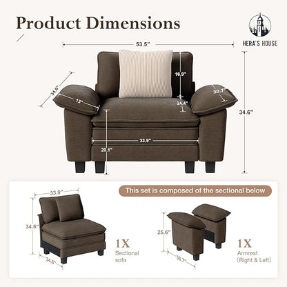 HERA'S HOUSE 54" Modular Sectional Sofa Couches for Living Room, Comfy Cloud Couch 1-Seater Deep Seat Sofa with Throw Pillow, Chenille Taupe