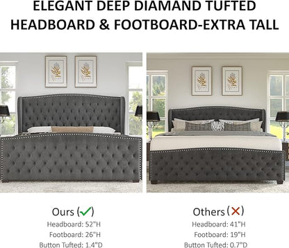 AMERLIFE Queen Size Platform Bed Frame, Velvet Upholstered Bed with Deep Button Tufted & Nailhead Trim Wingback Headboard/No Box Spring Needed/Grey