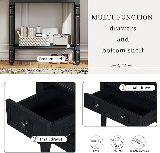 Knocbel Slim Antique Entry Console Table with 3 Drawers & Bottom Open Shelf, Solid Wood Narrow Sofa Couch Table for Entryway Hallway Living Room 23.7" W x 13" D x 31.4" H Black