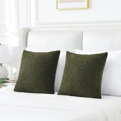 FUTEI Olive Green Throw Pillow Covers 18x18 Inch Set of 2,Furry Faux Fur Teddy Boucle Textured Cushion Covers,Soft Fluffy Decorative Pillow Case,Home Decor for Couch Bed Living Room Office Car