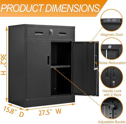 Metal Storage Cabinet, 36 Inch Tall Metal Storage Cabinet with Doors and Shelves, Pantry Cabinets with Drawer for Kitchen Storage, Garage Cabinet for Living, Dining Room, Assemble Required.